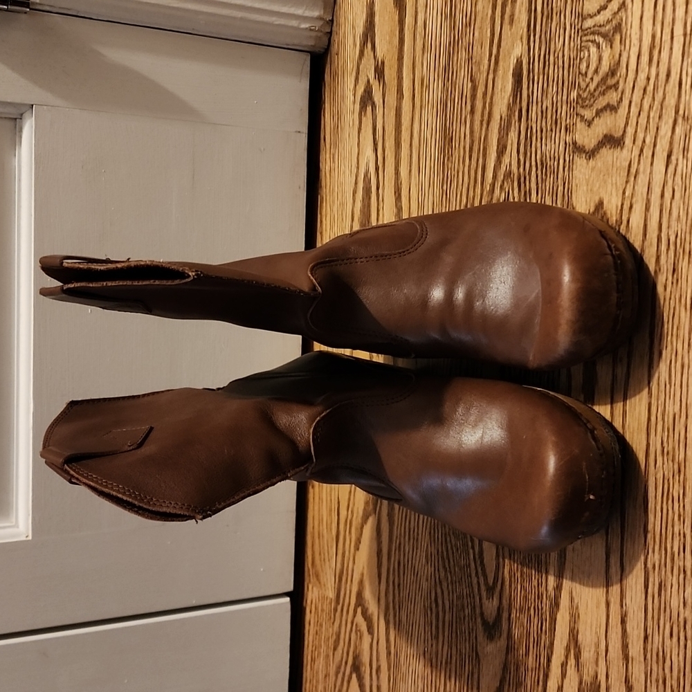 SANITA Brown leather wood heel clog boots
